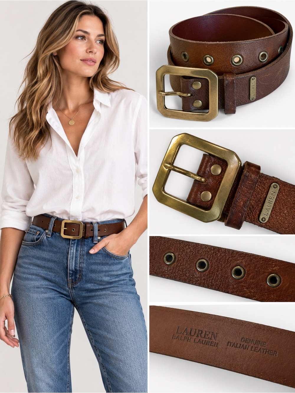 Lauren Ralph Lauren Genuine Italian Leather Brown Belt Brass Buckle Large